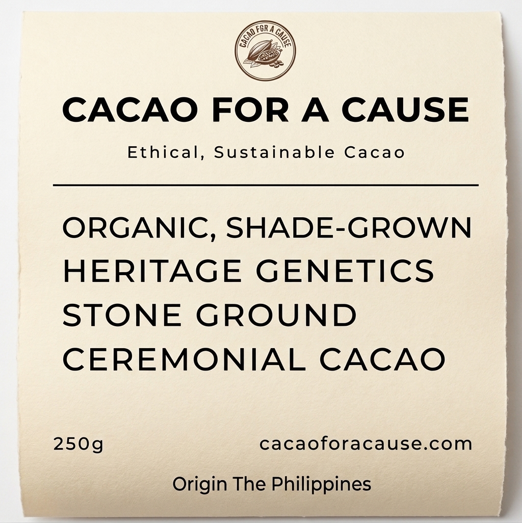 Cacao for a Cause label: organic shade-grown heritage genetics stone ground ceremonial cacao, 250 g, origin The Philippines