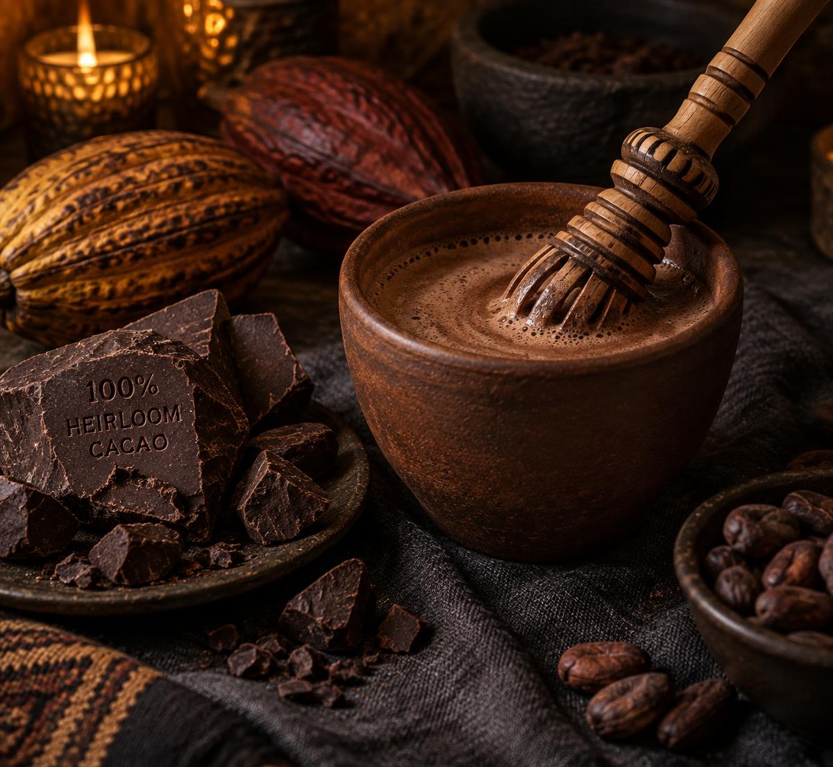 Hand-poured ceremonial cacao in a stoneware cup beside heirloom cacao blocks