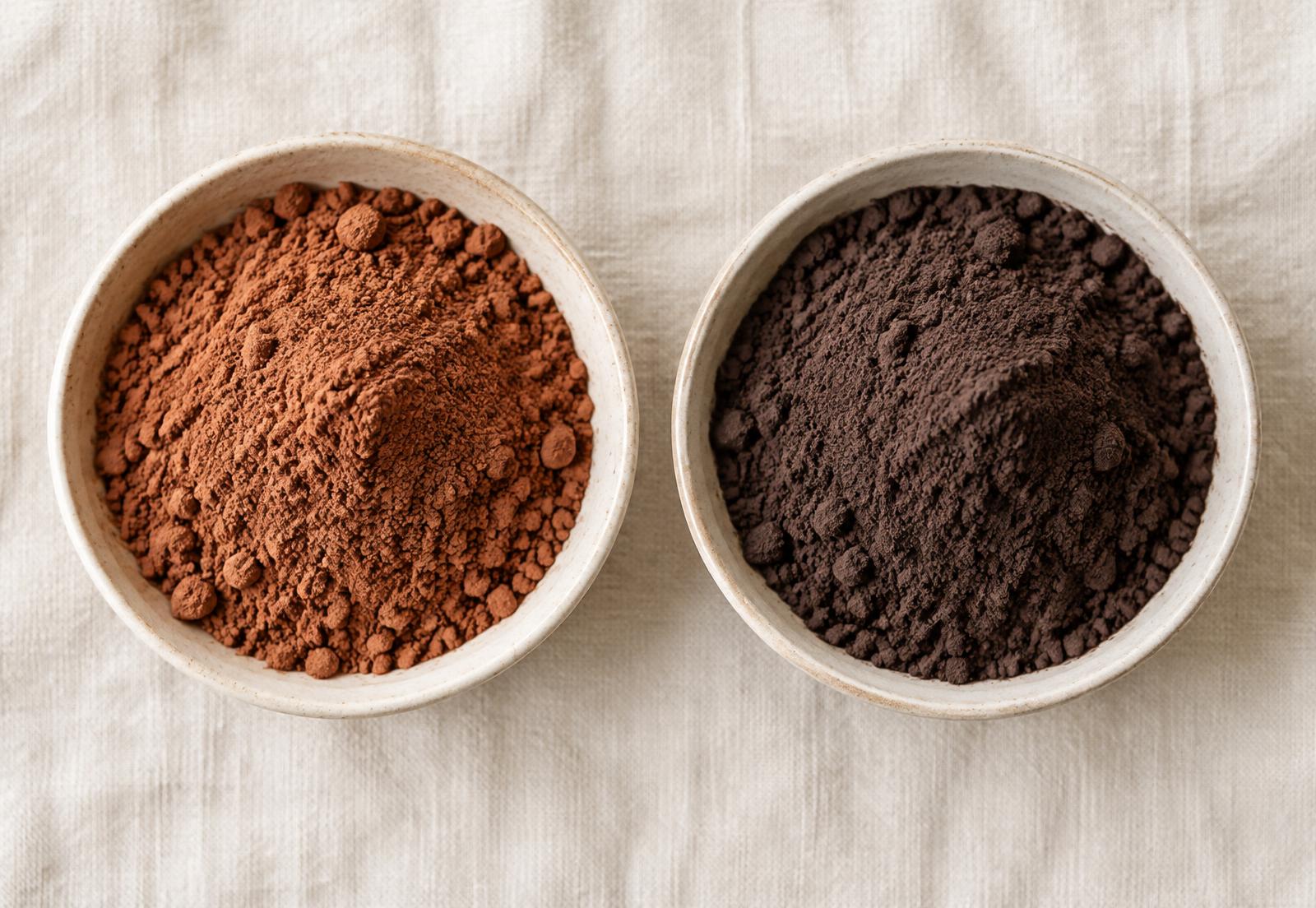 Bowls of reddish raw cacao powder beside dark Dutch-processed cocoa powder